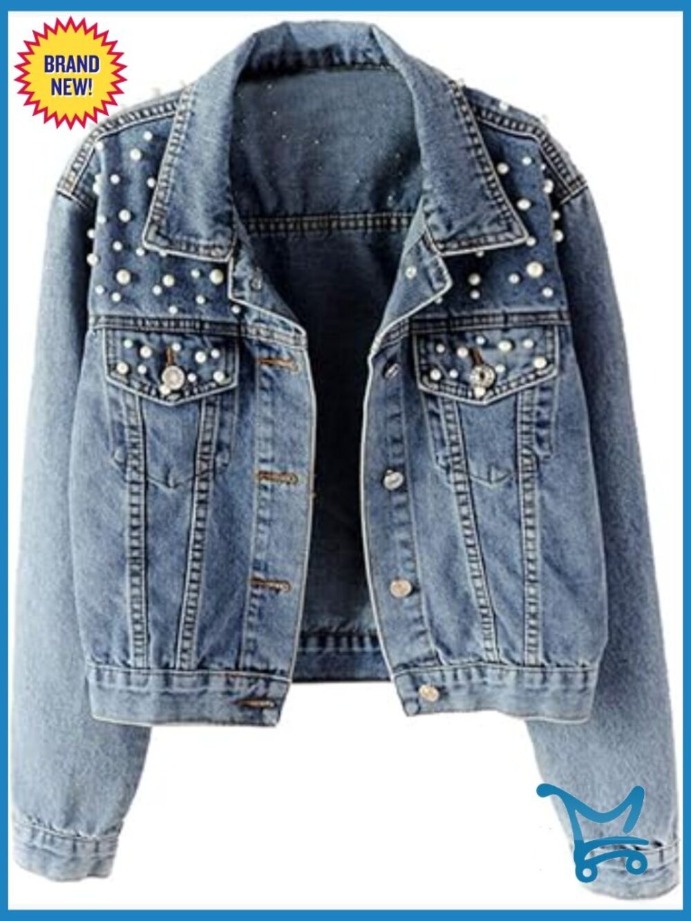 Vintage Pearl Beaded Oversized Denim Jacket - Classic Button Front